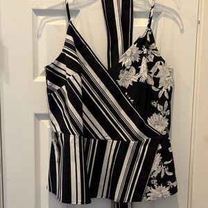 White House Black Market Black and White Floral Striped Top